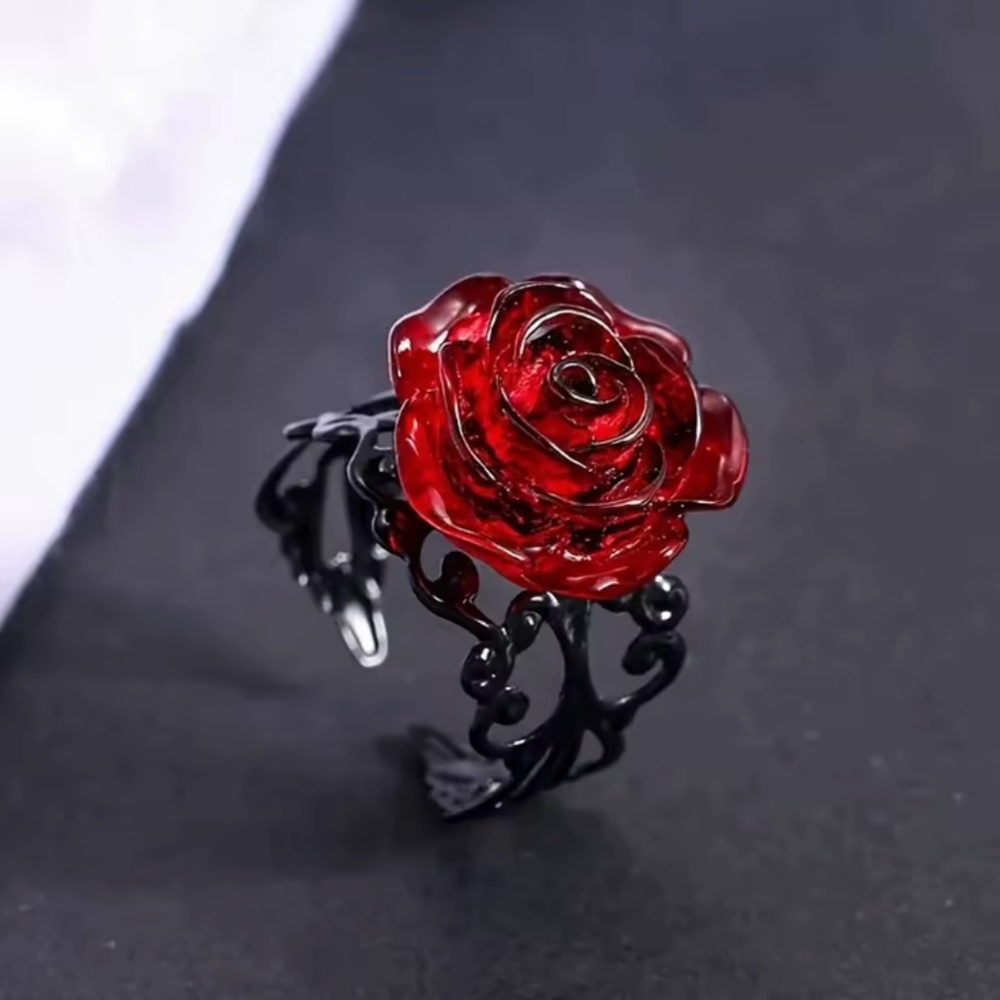 Punk Gothic Red Rose Ring Ornate Black Vine Witch Pagan Vintage Halloween OS